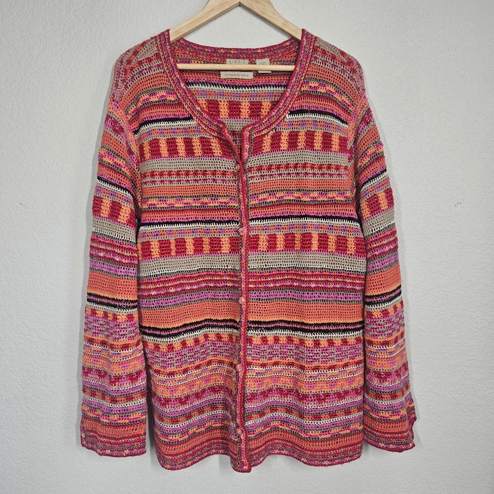 Vintage Sigrid Olsen Sport Hand Knit Cardigan Sweater Pink Orange Striped 3X